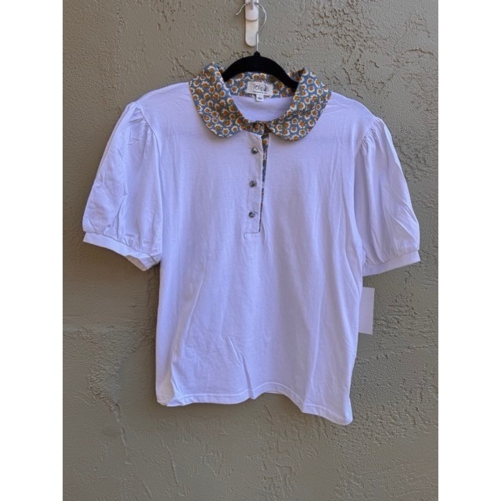 Tulip B Womens White Floral Collar Cotton Top LARGE Cottagecore Preppy Coquette